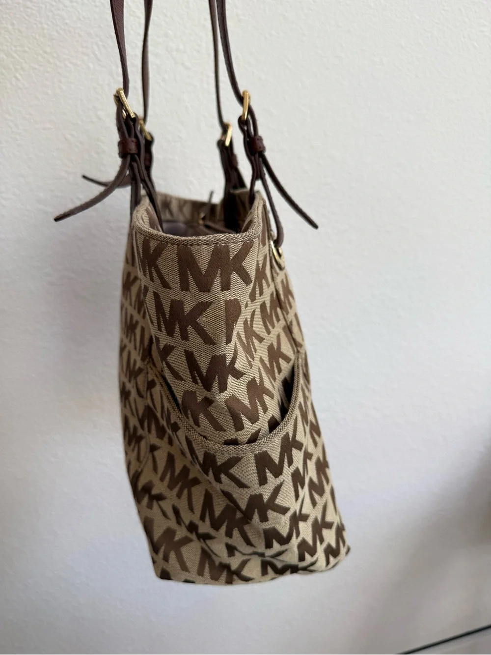Michael Kors Brown MK Logo Tote with Dark Brown Leather Straps